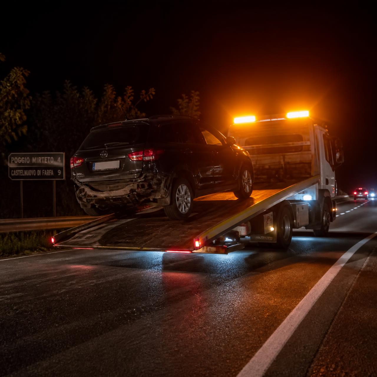 Carro attrezzi SGS che carica un'auto di notte