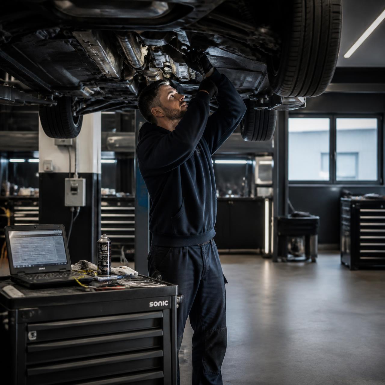 Officina meccanica SGS con veicolo su ponte sollevatore